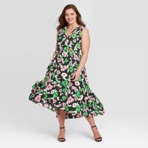 Who What Wear Floral Sleeveless Fit & Flare High Low Midi Faux Wrap Dress Size M